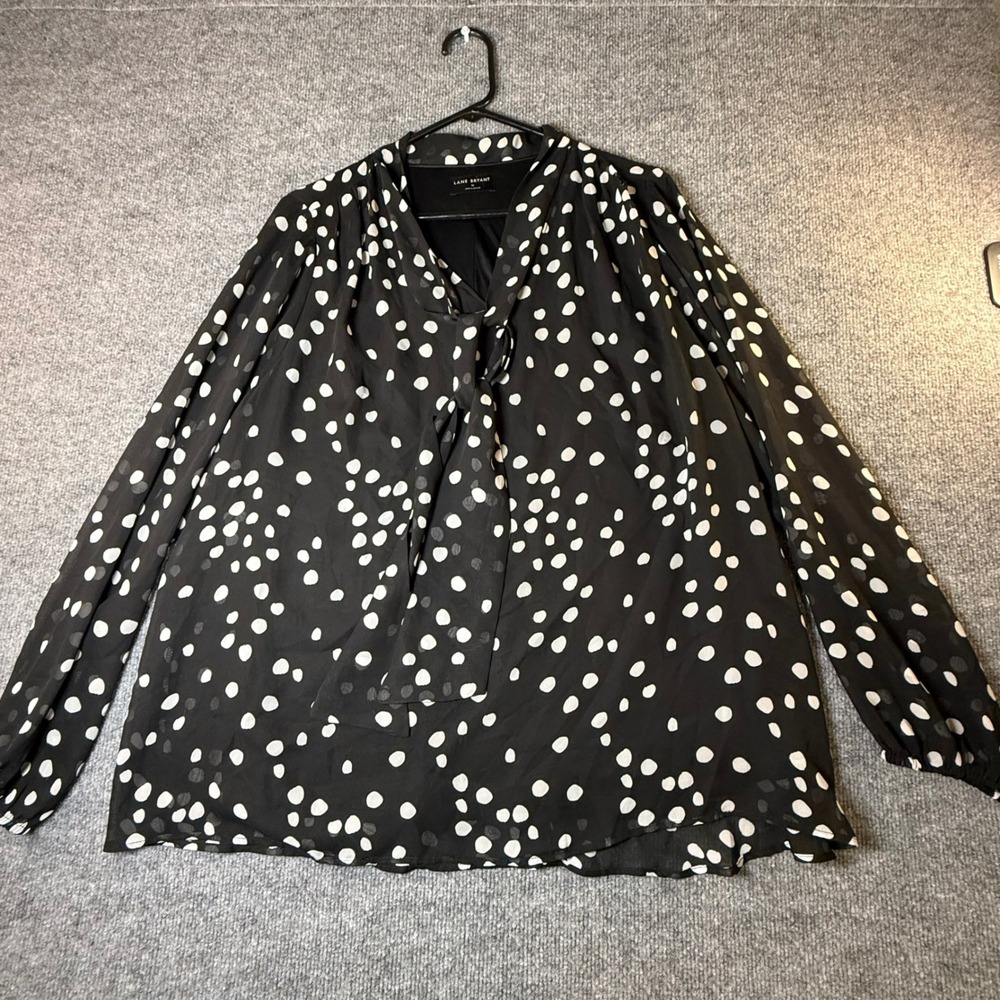 Lane Bryant Polka Dot Tie Neck Chiffon Blouse Size 16 Long Sleeve Black White